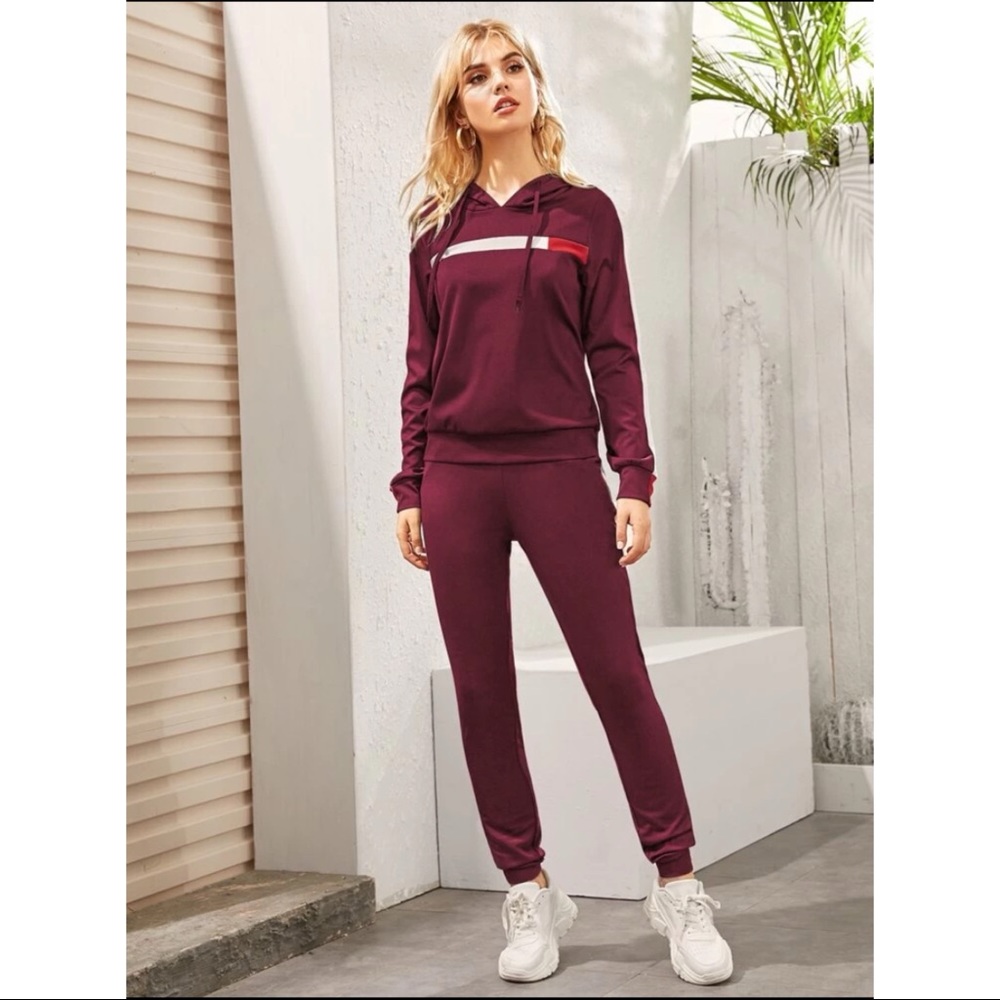 Contrast Panel Drawstring Hoodie and Sweatpants